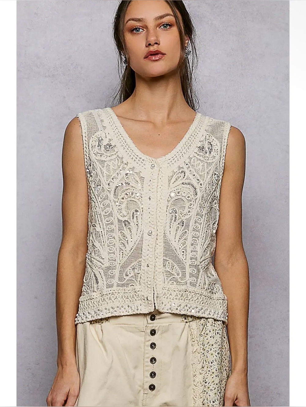 POL beige lace crochet pearl sequin patchwork floral cardigan tunic top jacket